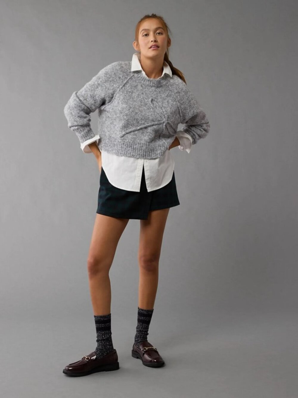 American Eagle 3D Knit Bow Crew Neck Cropped Sweater Heather Gray XS #A3189